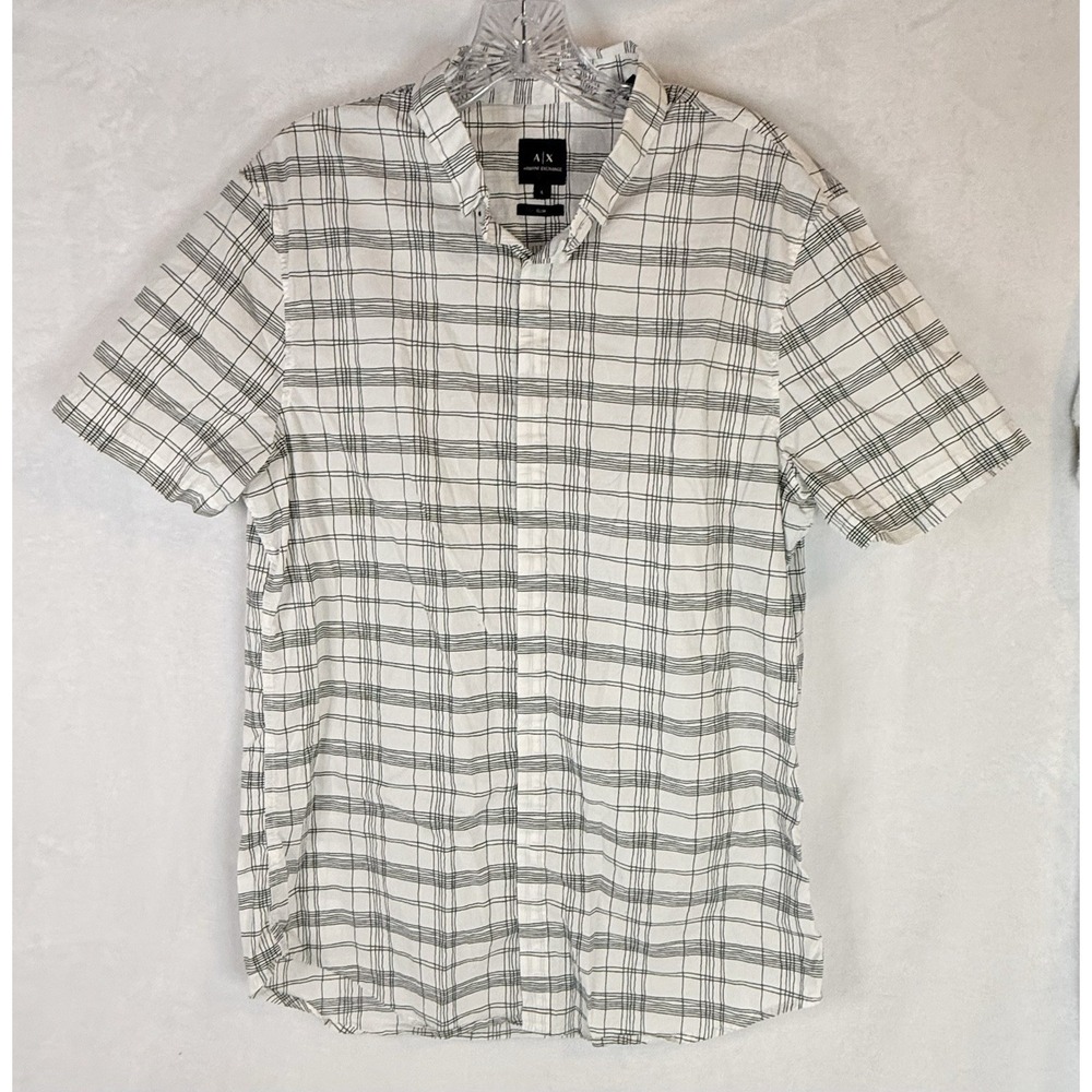 Armani‎ Exchange A|X Slim Plaid Shirt L White Black Short Sleeve Button